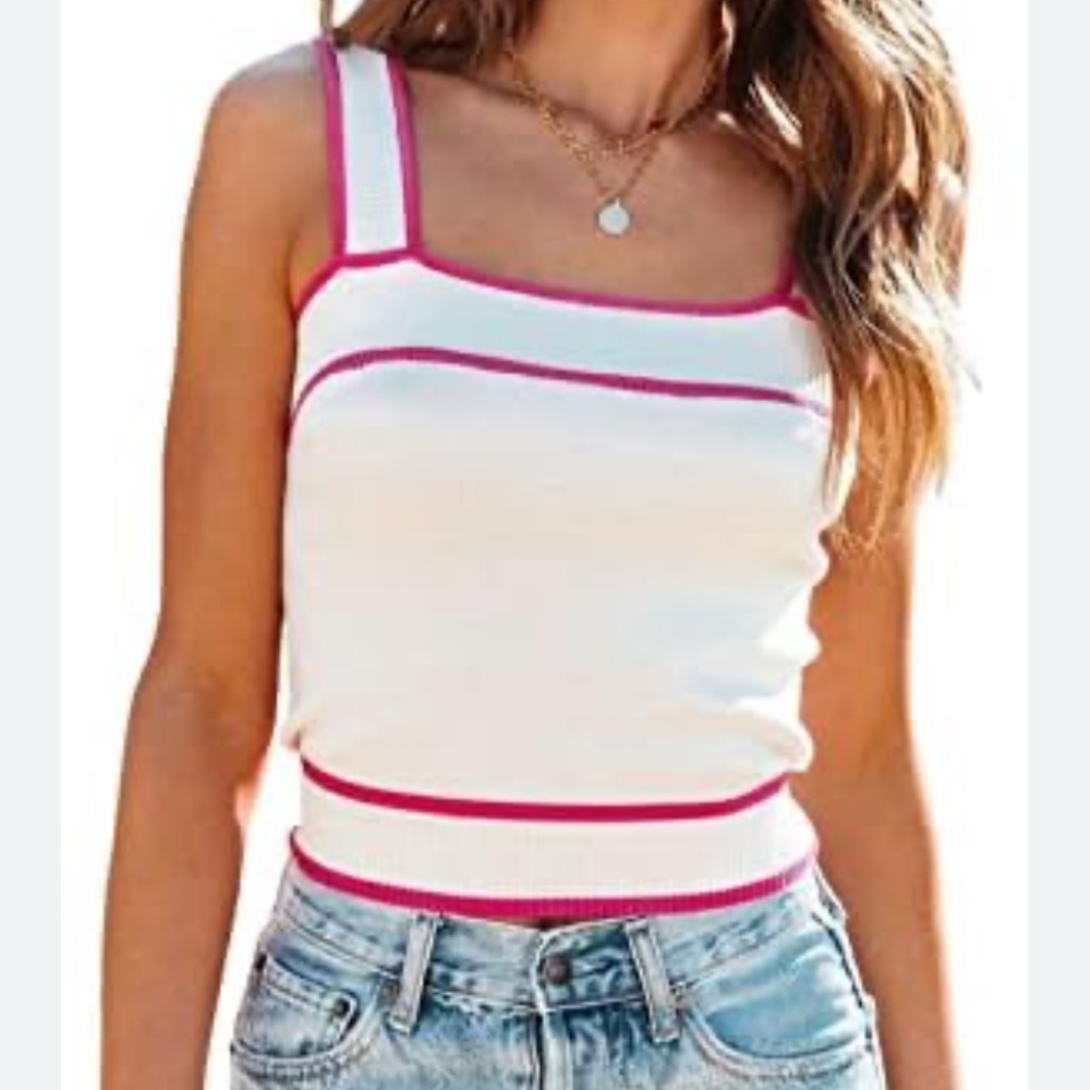 Color Block White and Pink Striped Crop Tank Top Small